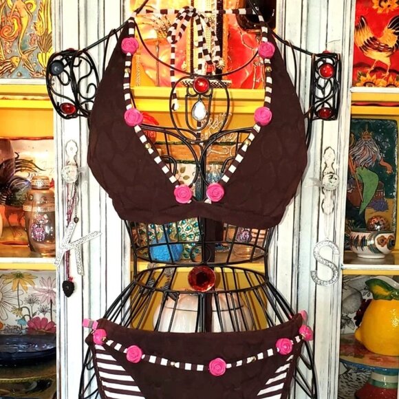 Vintage Betsey Johnson Bikini Pink 3D Rose Brown Hearts Fabric Swimsuit Size L M - Picture 3 of 14